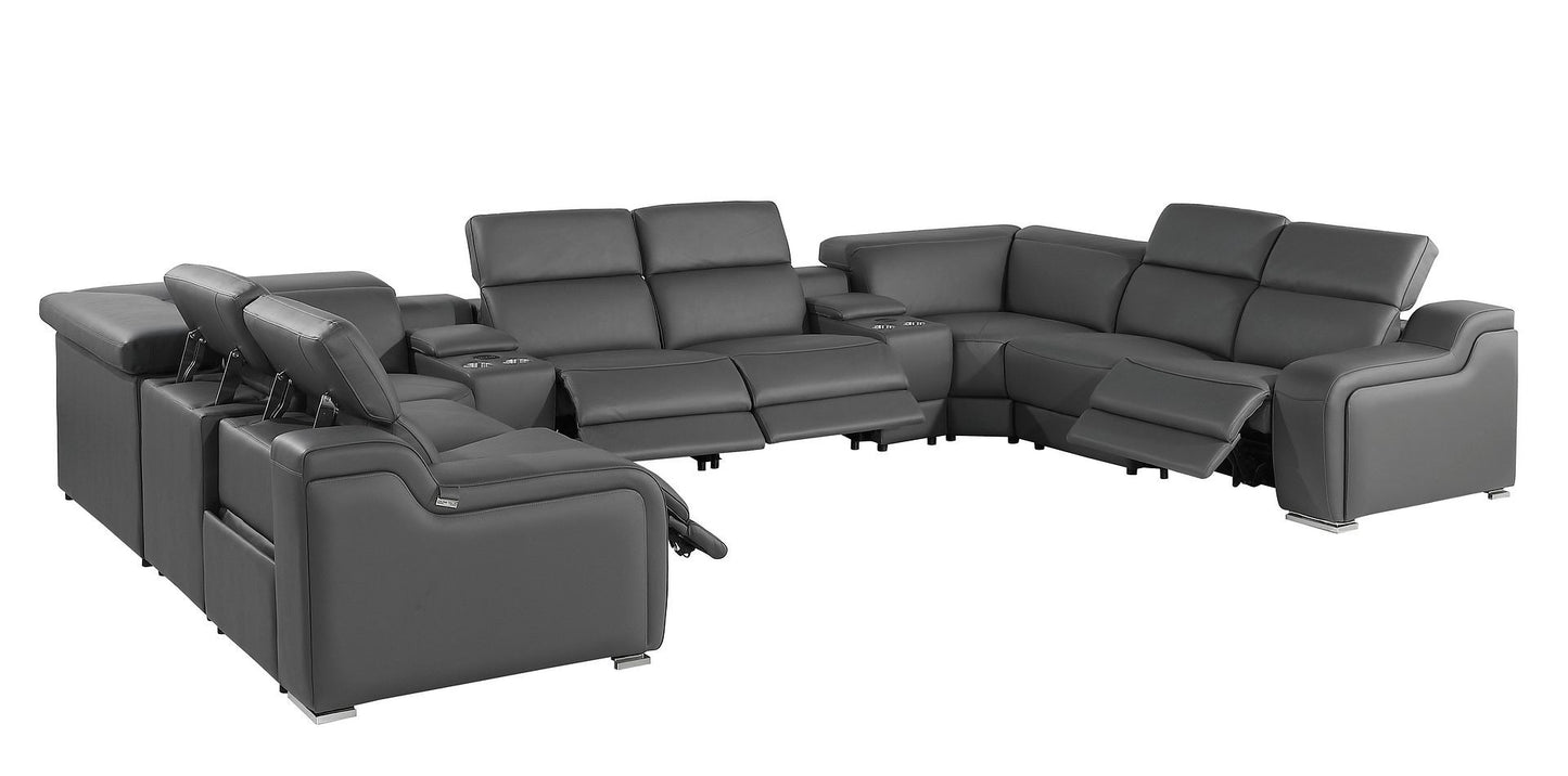 Dark Gray Italian Leather Power Reclining U Shaped Ten Piece Corner Sectional With Console-2