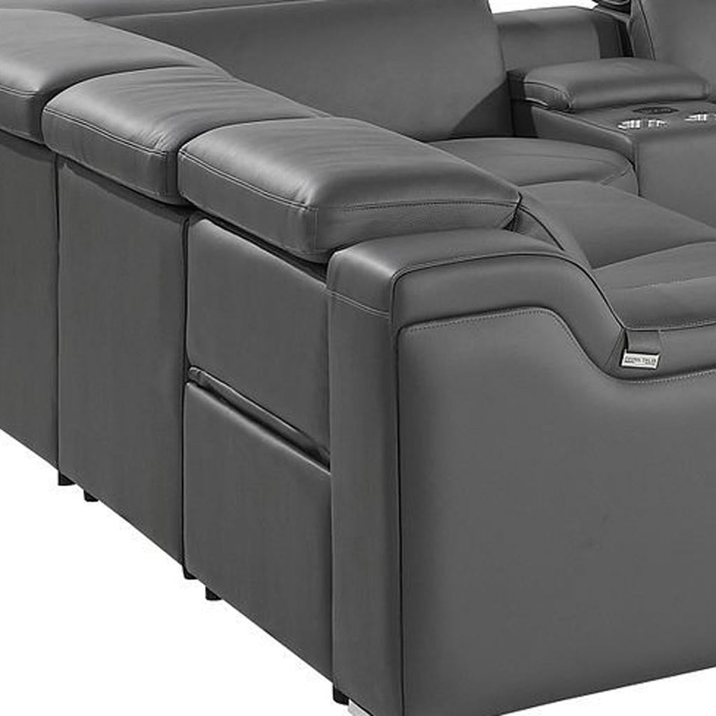 Dark Gray Italian Leather Power Reclining U Shaped Ten Piece Corner Sectional With Console-4