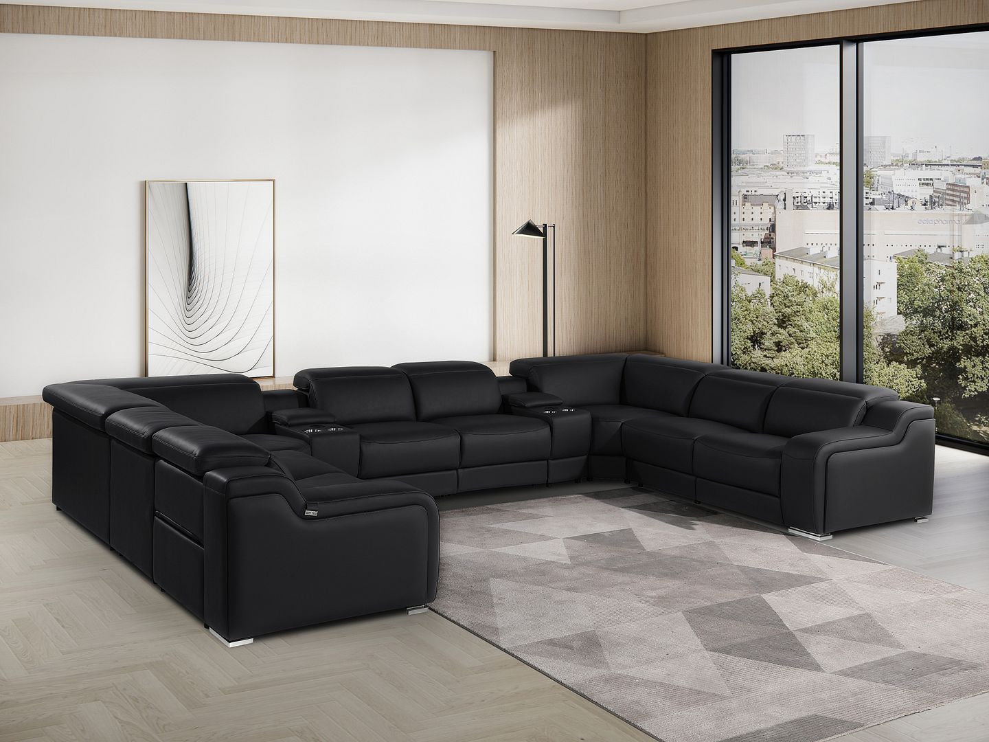 Black Italian Leather Power Reclining U Shaped Ten Piece Corner Sectional With Console-8