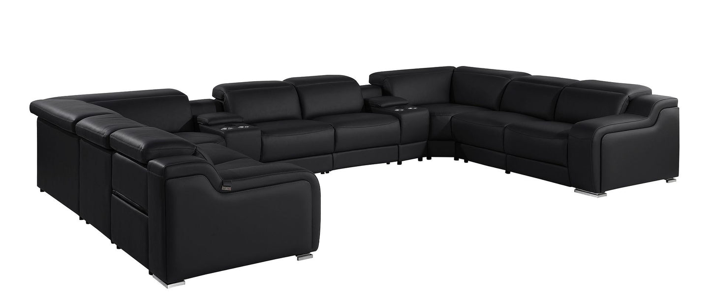 Black Italian Leather Power Reclining U Shaped Ten Piece Corner Sectional With Console-1