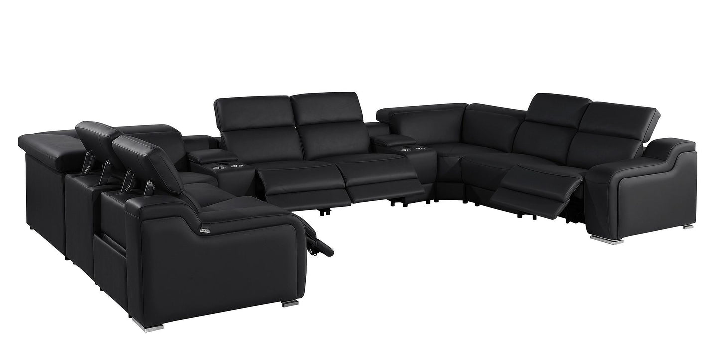 Black Italian Leather Power Reclining U Shaped Ten Piece Corner Sectional With Console-2