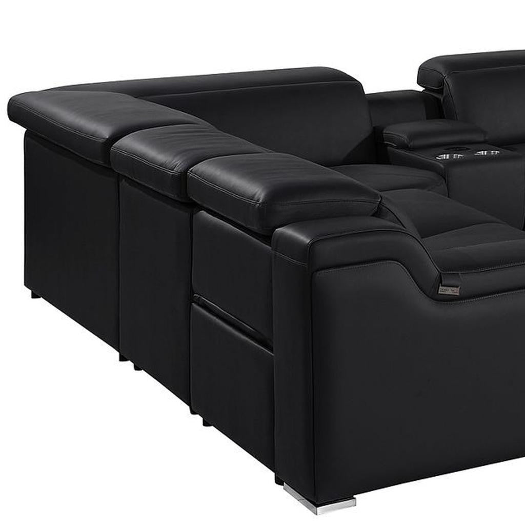 Black Italian Leather Power Reclining U Shaped Ten Piece Corner Sectional With Console-5