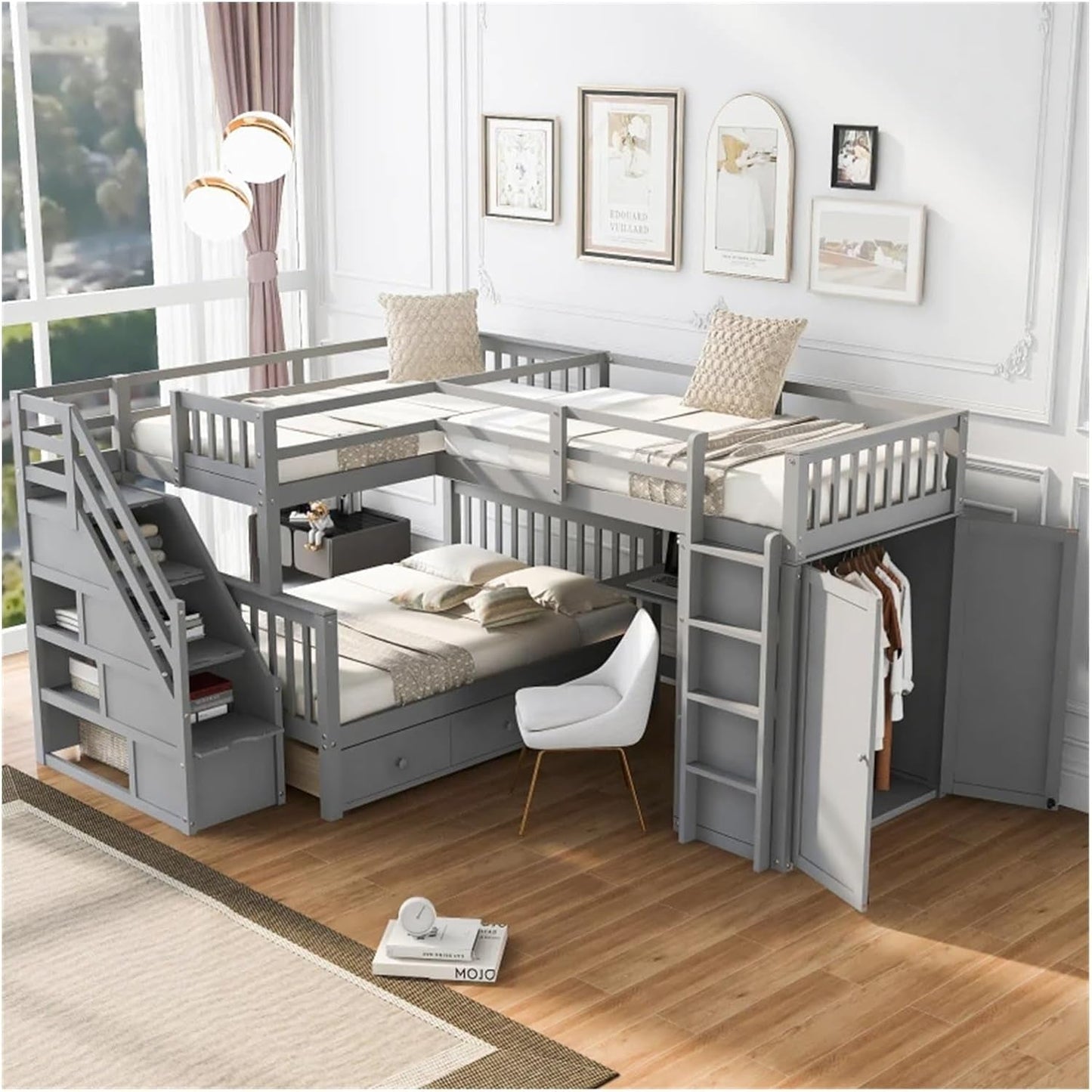 Twin-Twin over Full L-Shaped Bunk Bed with 3 Drawers,Portable Desk and Wardrobe,Practical Family Modern Style (Grey One Size)-0