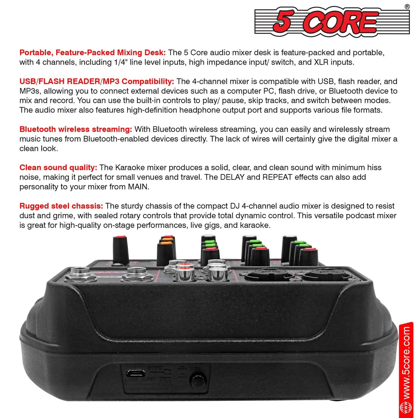 5 Core Audio Mixer 4 Channel DJ Equipment with Bluetooth USB Sound Board Console-2