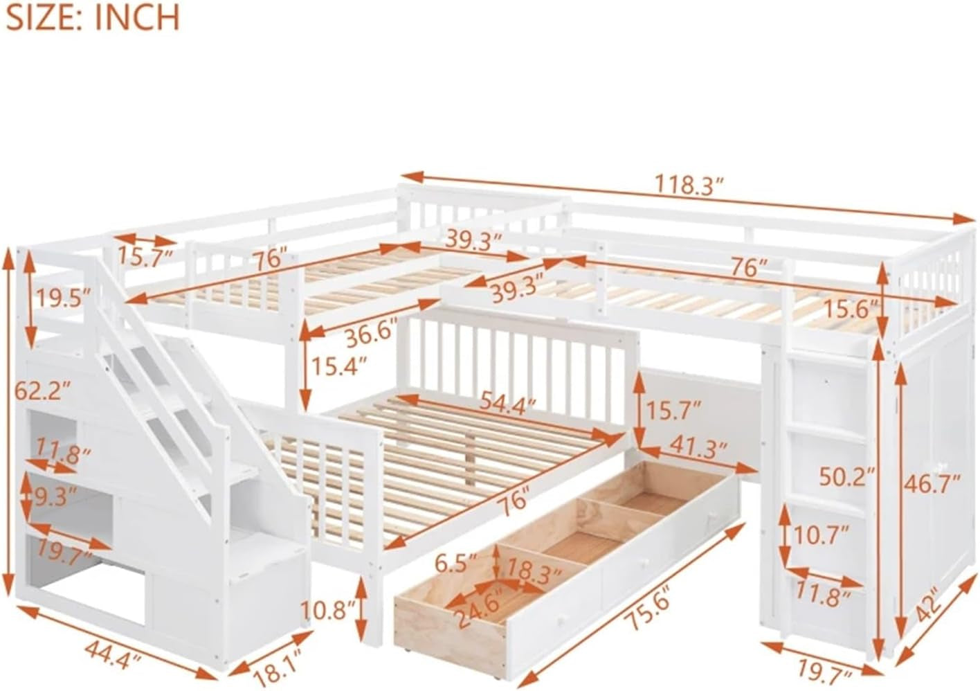 Twin-Twin over Full L-Shaped Bunk Bed with 3 Drawers,Portable Desk and Wardrobe,Practical Family Modern Style (Grey One Size)-1