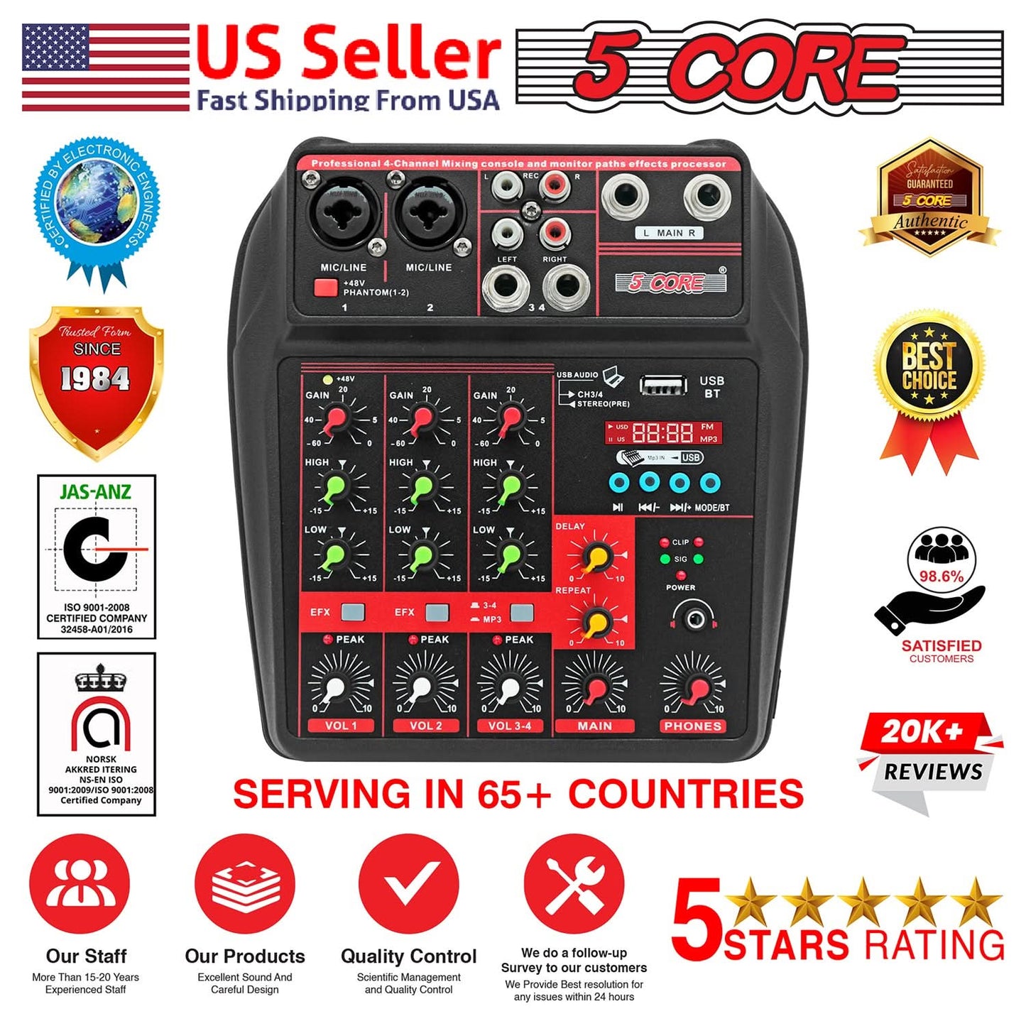 5 Core Audio Mixer 4 Channel DJ Equipment with Bluetooth USB Sound Board Console-3