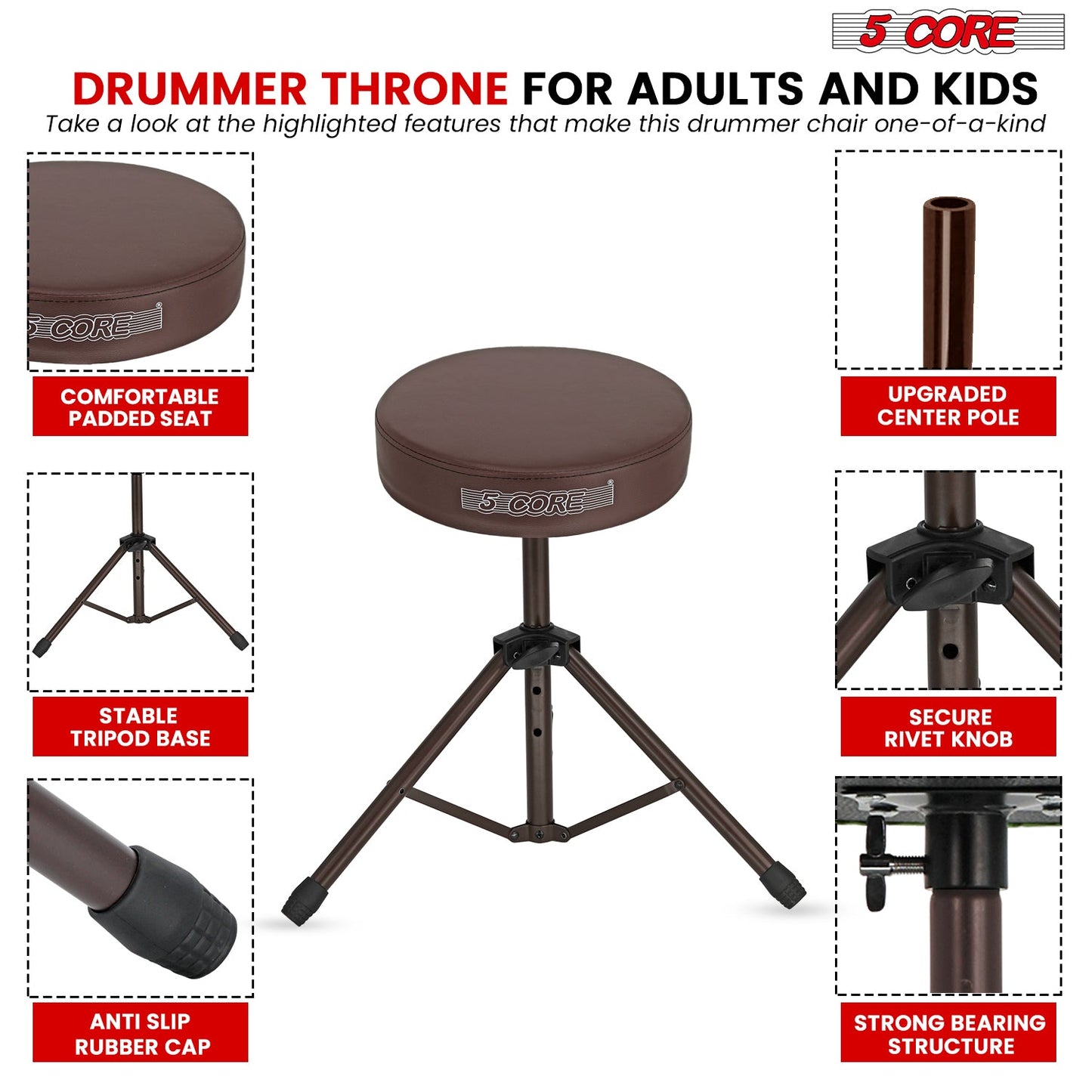 5 Core Drum Throne 3" Thick Padded Comfortable Guitar Stool Drummer Chair Adjustable Musician Seat-4