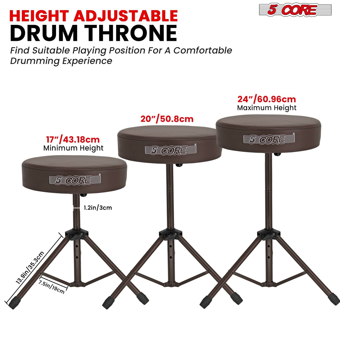 5 Core Drum Throne 3" Thick Padded Comfortable Guitar Stool Drummer Chair Adjustable Musician Seat-3