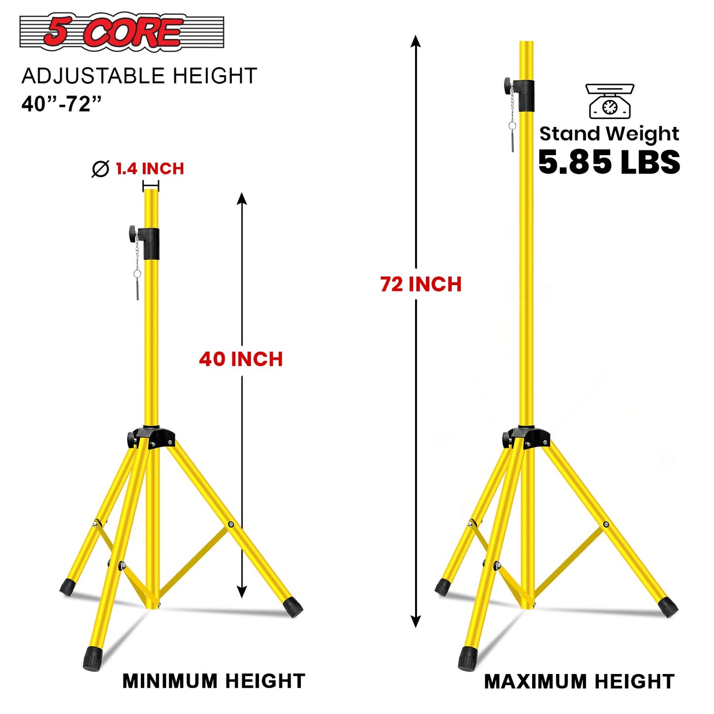 5Core Speaker Stand Tripod Tall Adjustable 72 Inch DJ Pole Mount Studio Monitor Stands Yellow 1 PK-1