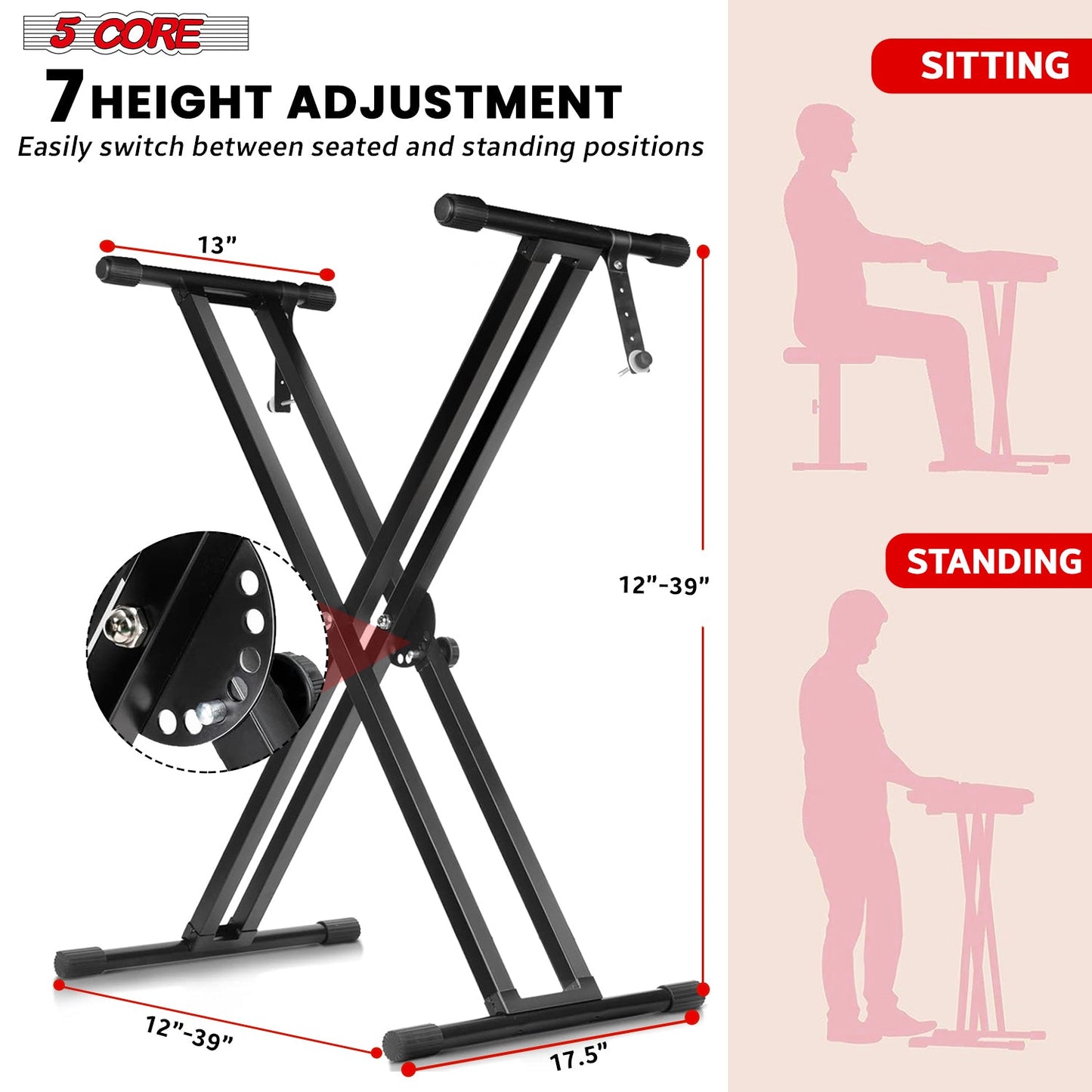 5Core Keyboard Stand Double X Style Adjustable Lift Piano Riser For 49 To 88 Keys BLACK-2