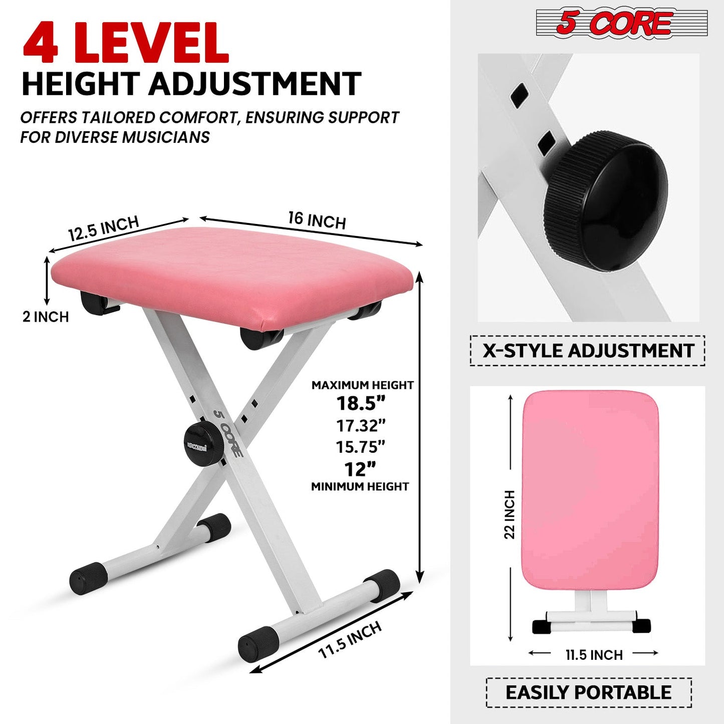 5Core Keyboard Stand Adjustable z Style Piano Riser + Keyboard Piano Bench PINK-2