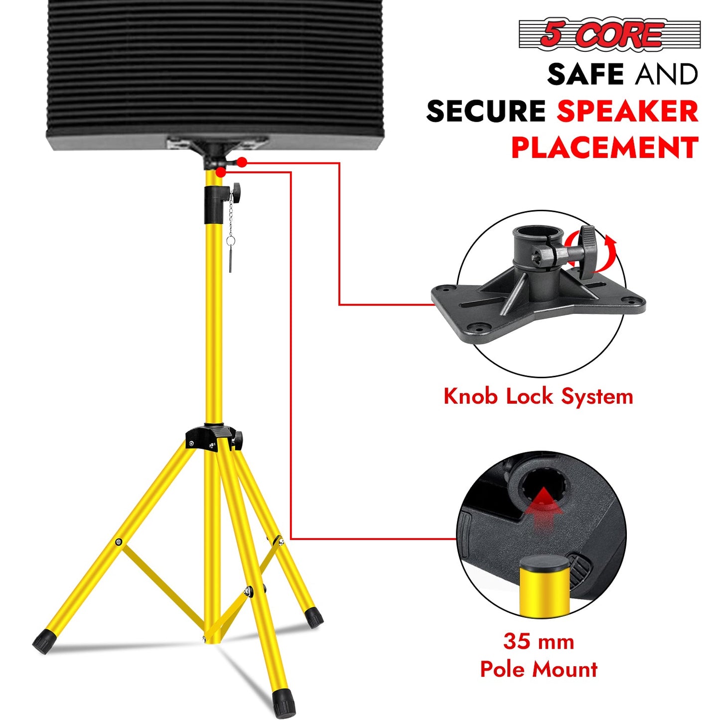 5Core Speaker Stand Tripod Tall Adjustable 72 Inch DJ Pole Mount Studio Monitor Stands Yellow 1 PK-3