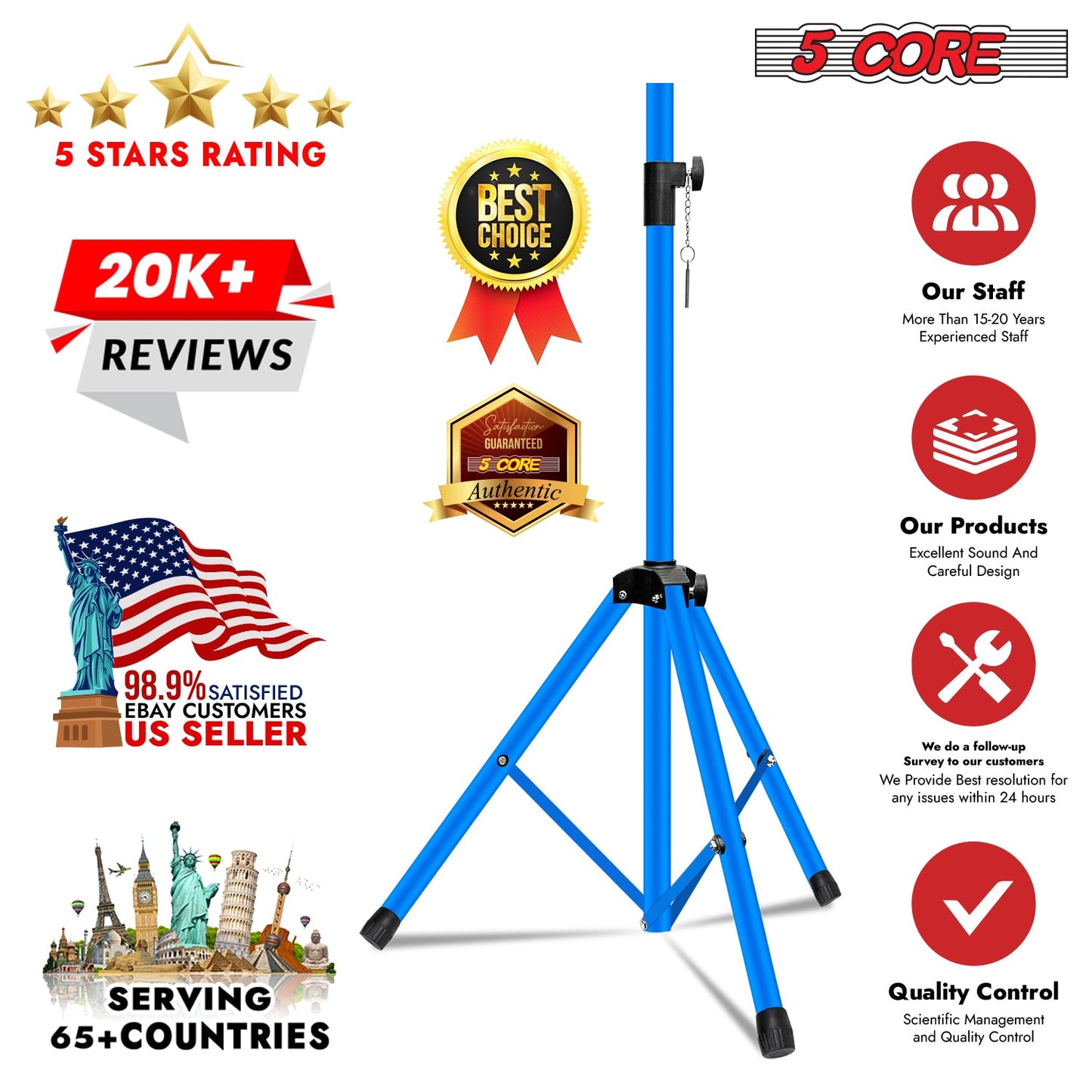 5Core Speaker Stand Tripod 2Pcs Tall Adjustable 72 Inch DJ Studio Monitor Stands Pole Mount-3