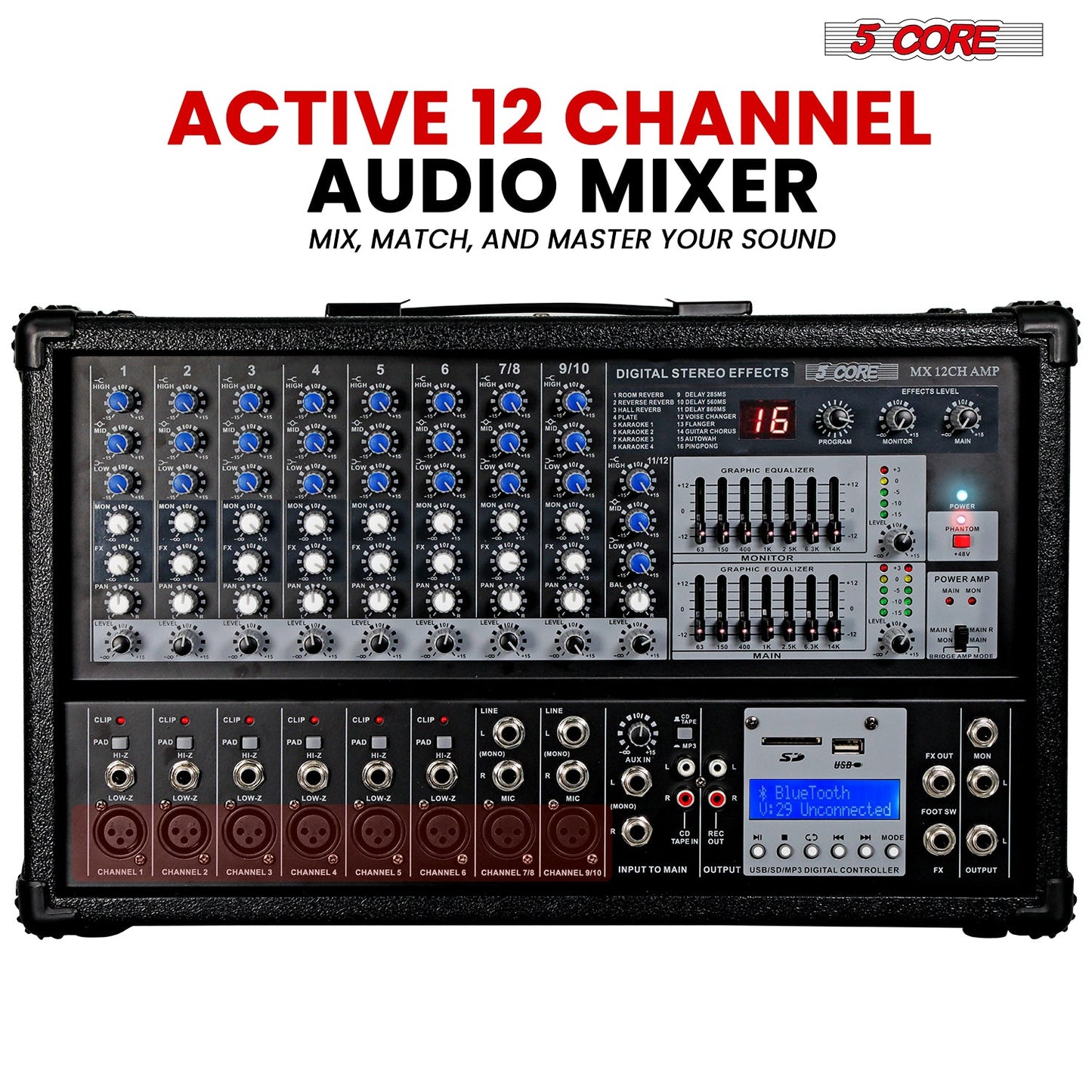 5Core Audio Mixer Powered 12 Channel 240V Mixer System USB MP3 Bluetooth SD readers Digital LCD Display-1