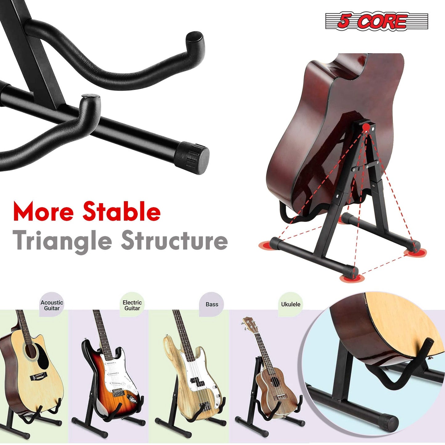 5 Core Guitar Stand 2PC A Frame Shape w Soft Foam Arm Non Slip Rubber for Acoustic Electric Bass-2
