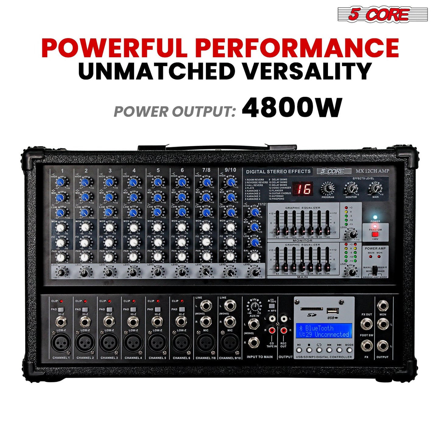 5Core Audio Mixer Powered 12 Channel 240V Mixer System USB MP3 Bluetooth SD readers Digital LCD Display-2