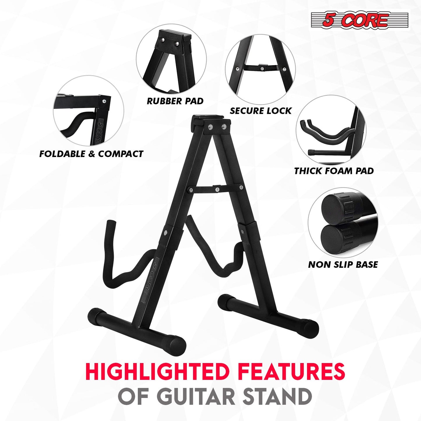 5 Core Guitar Stand 2PC A Frame Shape w Soft Foam Arm Non Slip Rubber for Acoustic Electric Bass-3