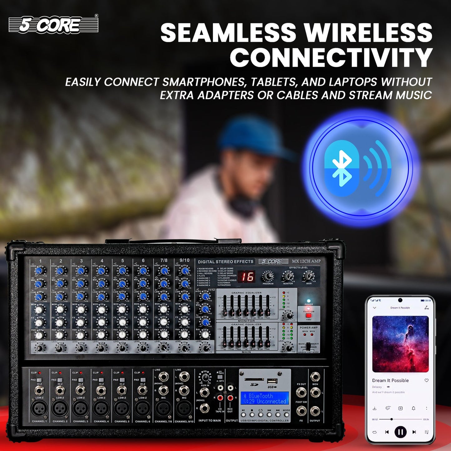5Core Audio Mixer Powered 12 Channel 240V Mixer System USB MP3 Bluetooth SD readers Digital LCD Display-3