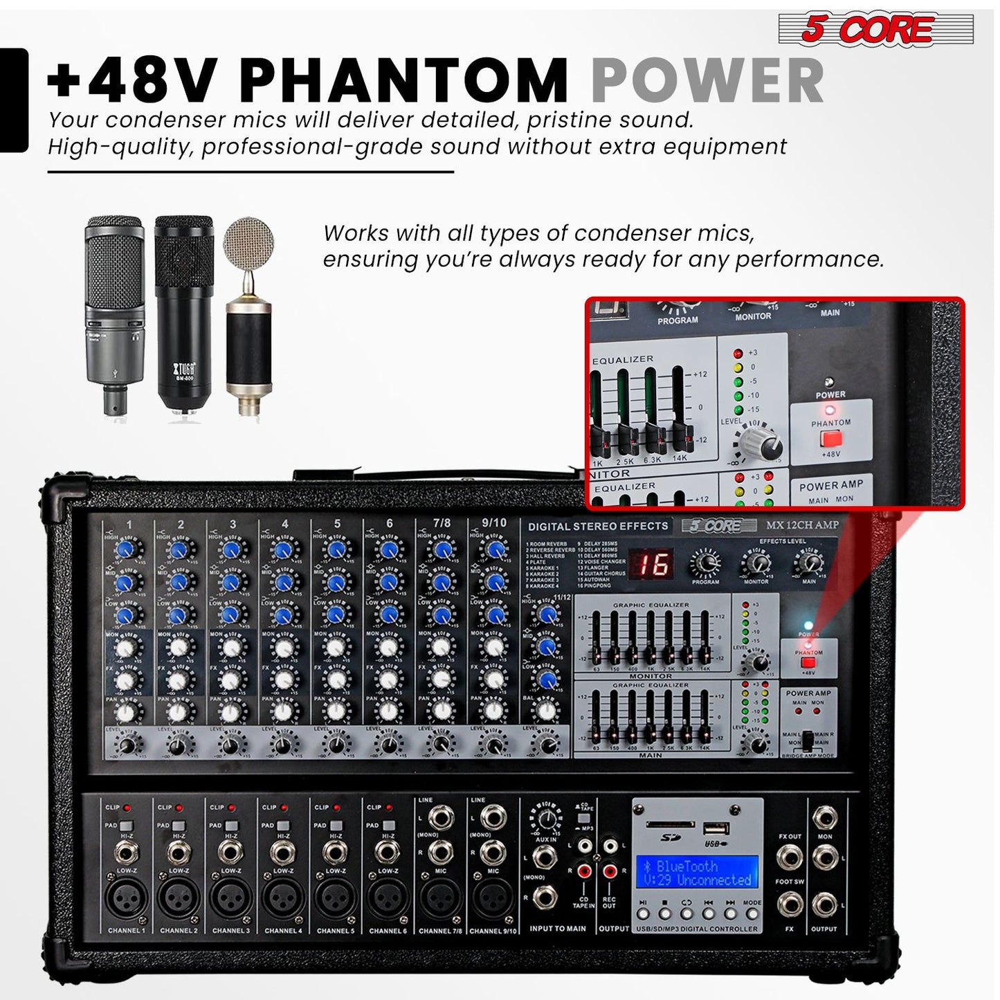 5Core Audio Mixer Powered 12 Channel 240V Mixer System USB MP3 Bluetooth SD readers Digital LCD Display-4