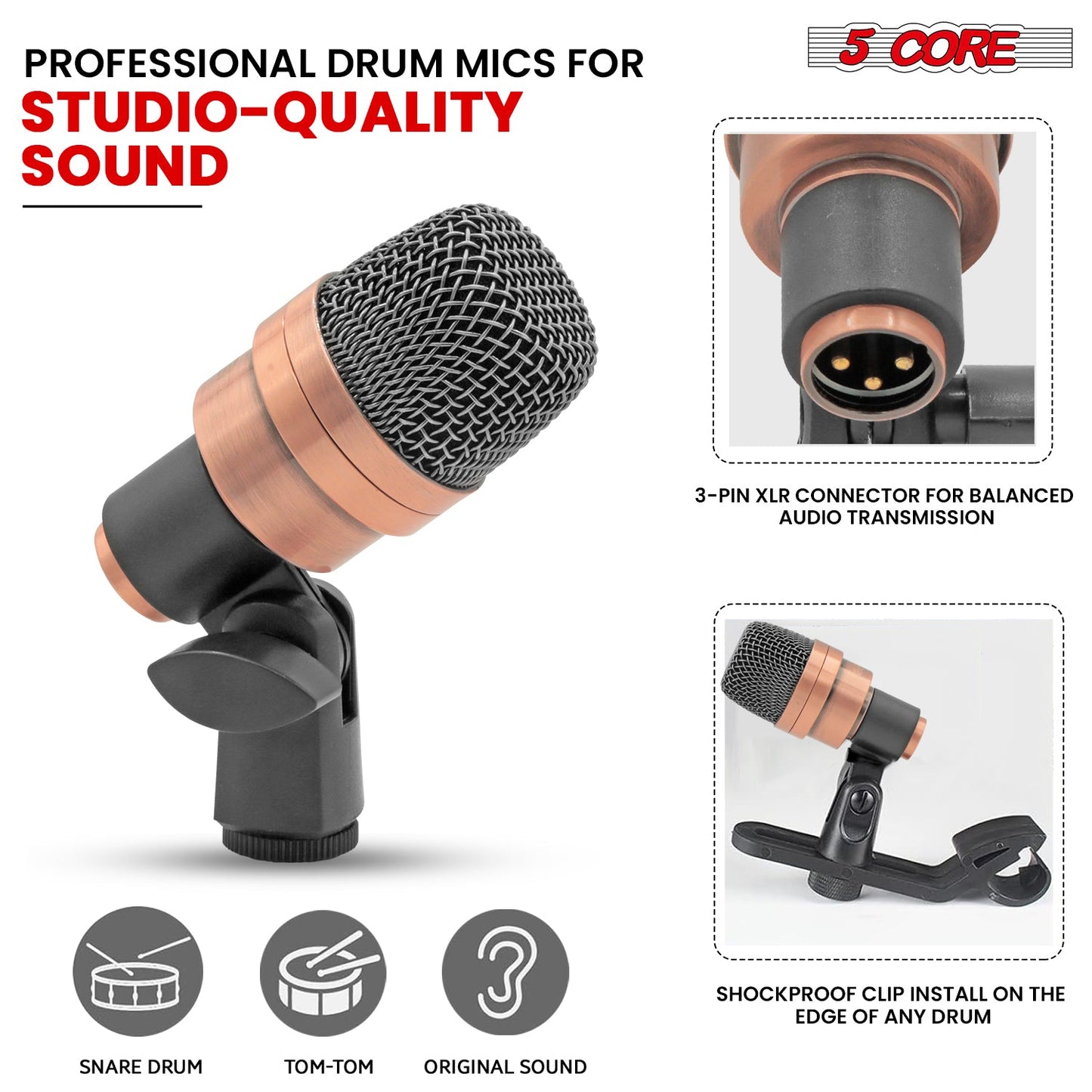 5 Core Snare Microphone XLR Wired Uni Directional Tom Drum and Other Musical Instrument Mic COPPER-4