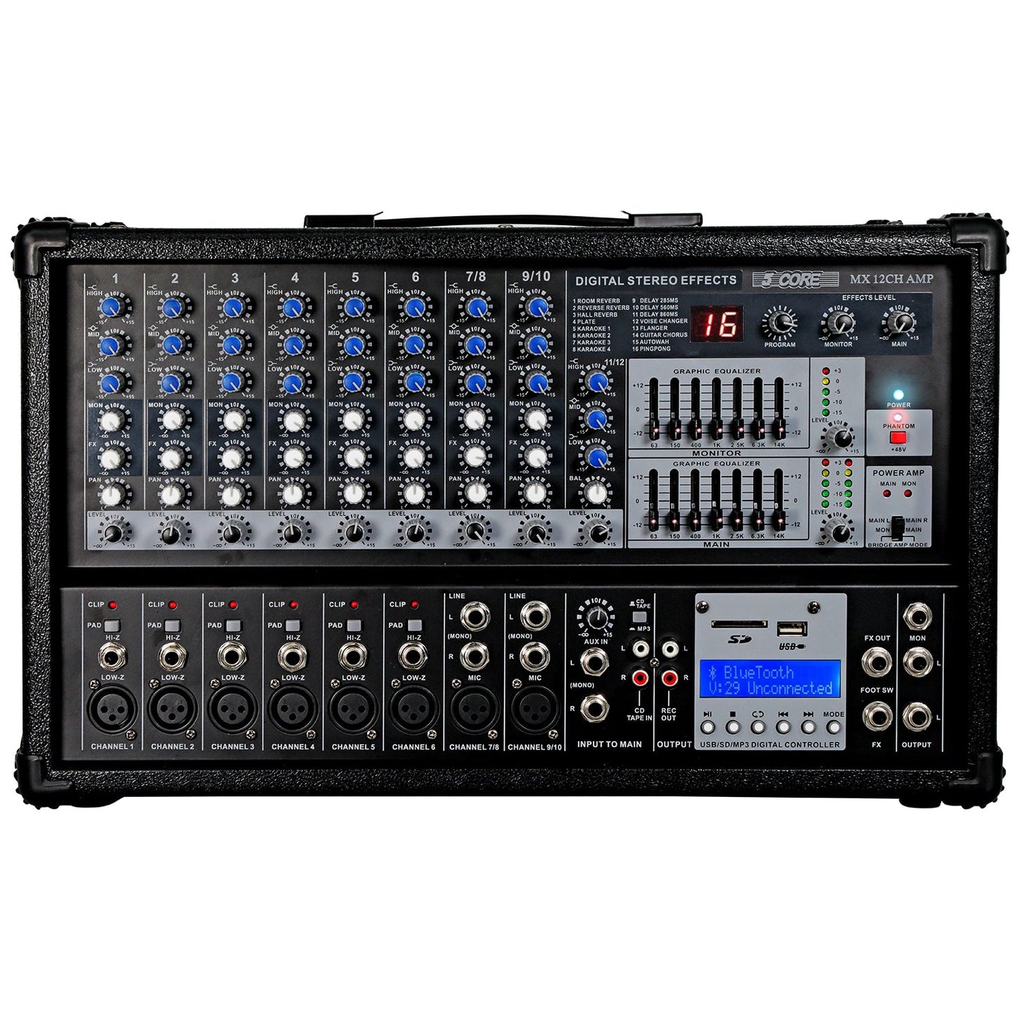 5Core Audio Mixer Powered 12 Channel 240V Mixer System USB MP3 Bluetooth SD readers Digital LCD Display-0