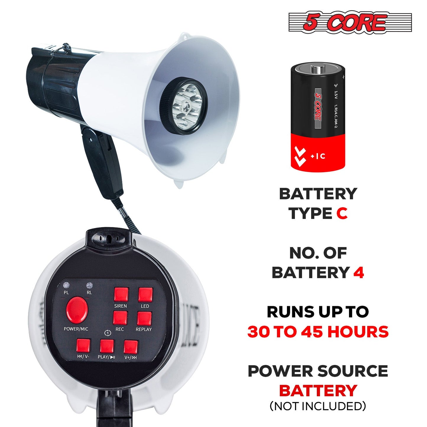 5Core Megaphone Bullhorn Speaker 30W LED Bull Horn Battery Power Cheer Megafono 800 Yard-3
