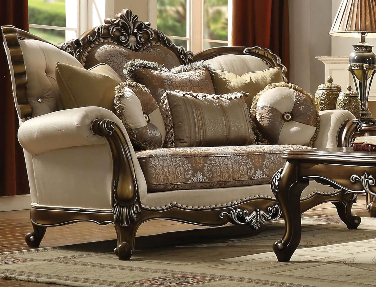 4-Piece Living Room Set Include Sofa W/ 7 Pillows, Loveseat W/ 5 Pillows, Chair W/ 2 Pillows and Coffee Table, Formal Furniture Set (Tan&Antique Oak), 52110+52111+52112+82110-2