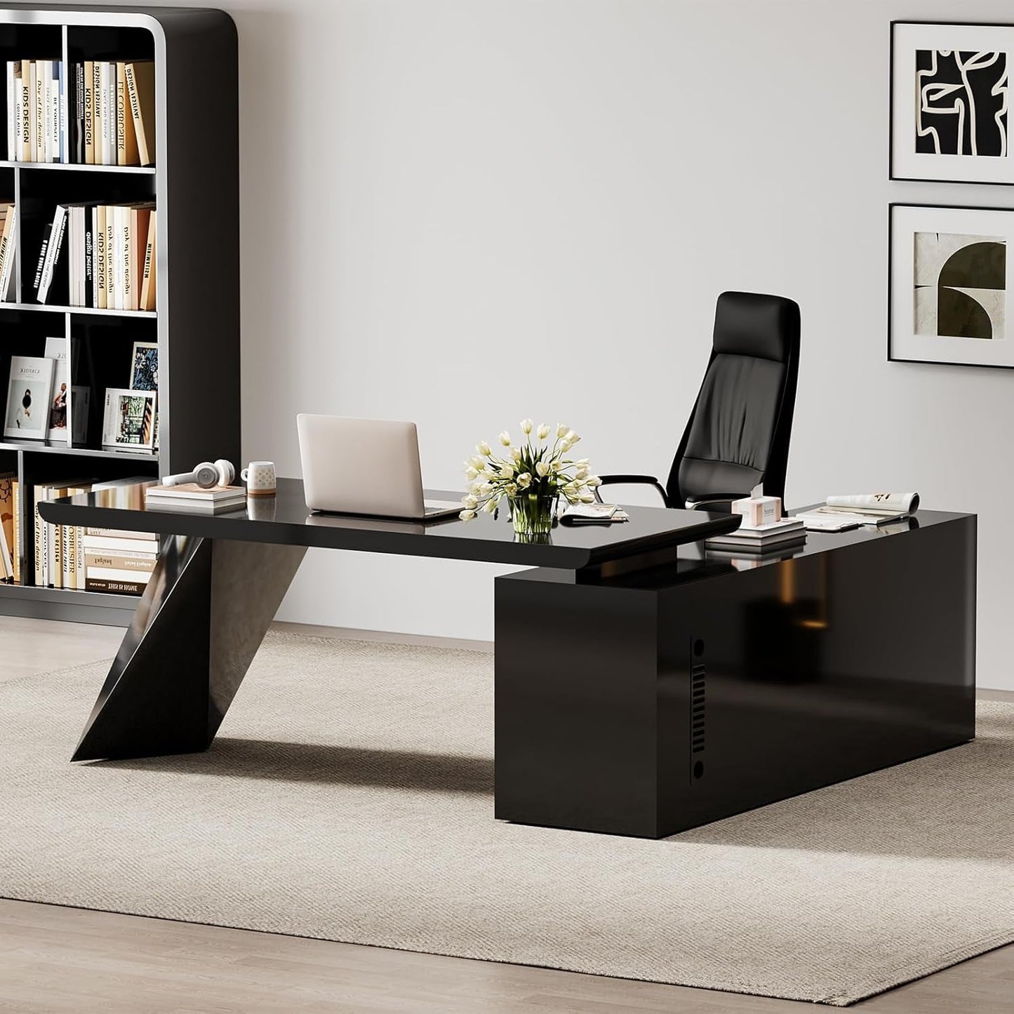 Modern L Shape Executive Desk With Drawers And Cabinet-0