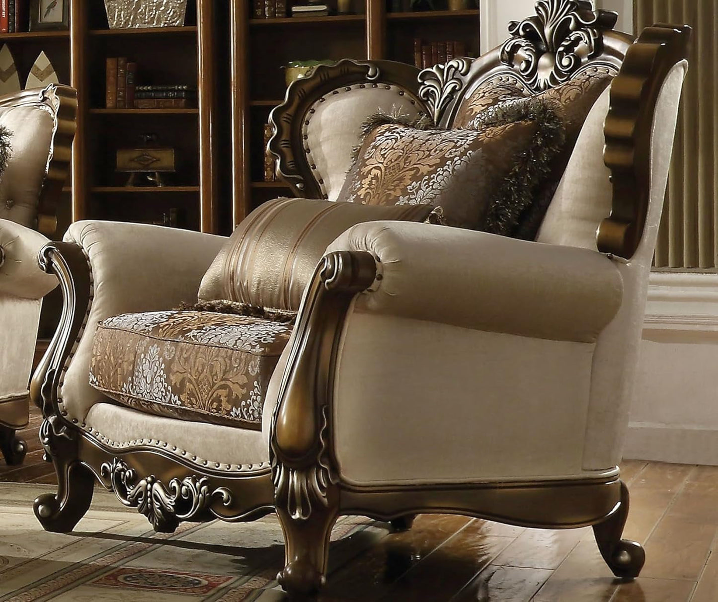 4-Piece Living Room Set Include Sofa W/ 7 Pillows, Loveseat W/ 5 Pillows, Chair W/ 2 Pillows and Coffee Table, Formal Furniture Set (Tan&Antique Oak), 52110+52111+52112+82110-4