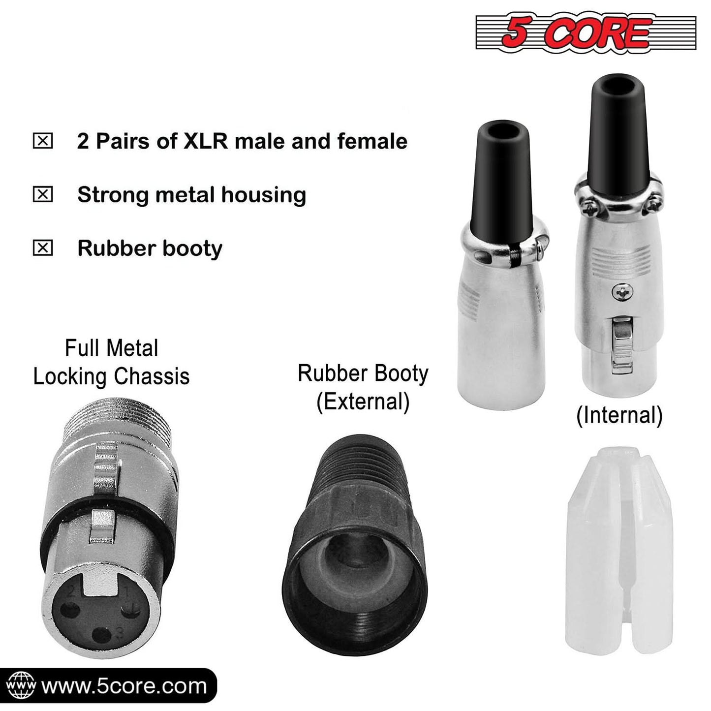5Core XLR Connector Male Female to 1/4 Audio Jack 3 Pin Secure Mic Plug w Locking Ends-2