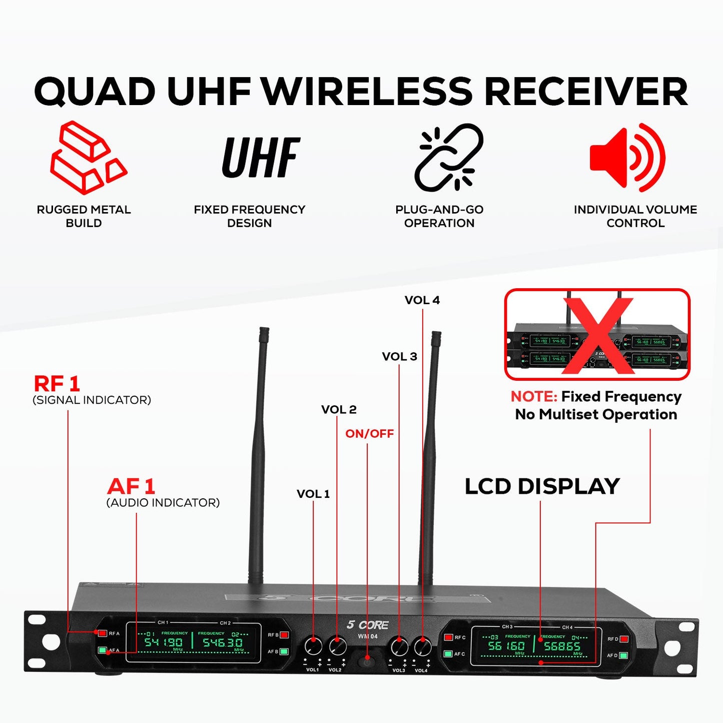 5 Core Wireless Microphone System 4 Channel UHF 492F Range Portable Receiver w Cordless Mic-1