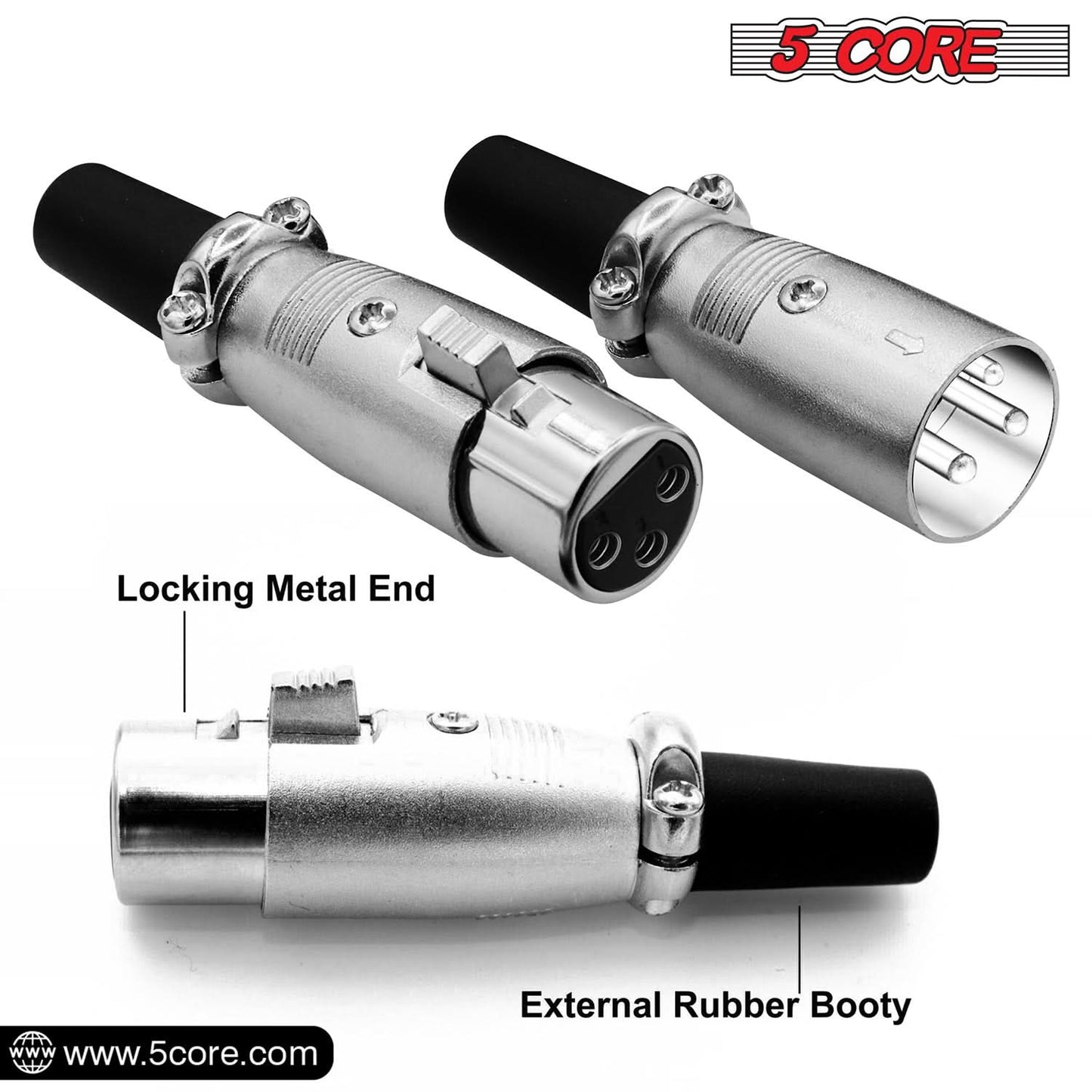 5Core XLR Connector Male Female to 1/4 Audio Jack 3 Pin Secure Mic Plug w Locking Ends-3