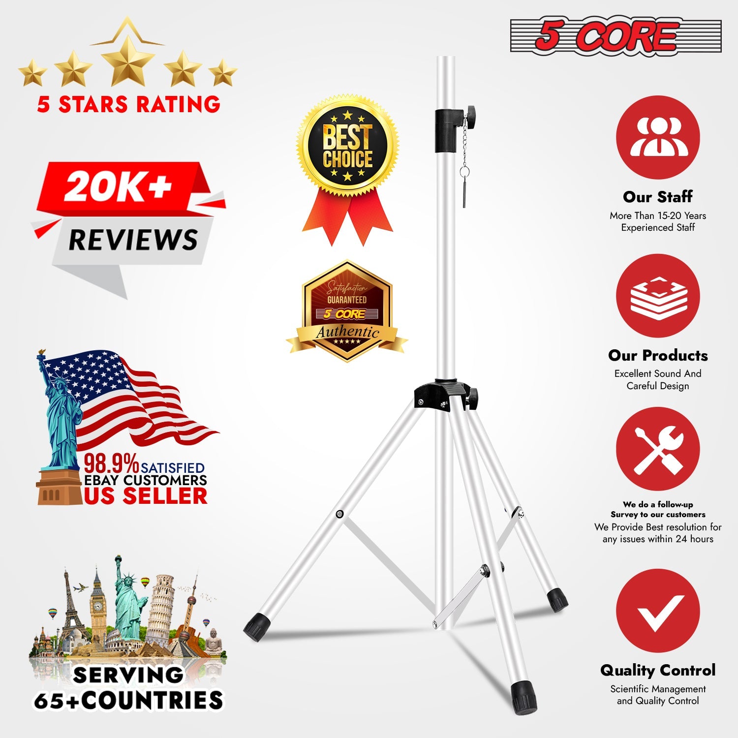 5Core Speaker Stand Tripod 2Pcs Tall Adjustable 72 Inch DJ Studio Monitor Stands Pole Mount-3