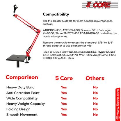 5Core Microphone Boom Arm Desk Mic Stand Adjustable Clamp Suspension Boom Stands RED-1