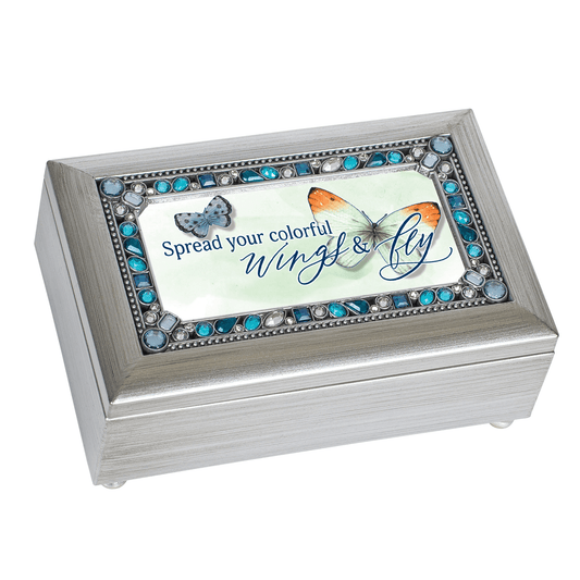 Petite Silver Tone Jeweled Musical Keepsake Box With Photo Frame Lid-0