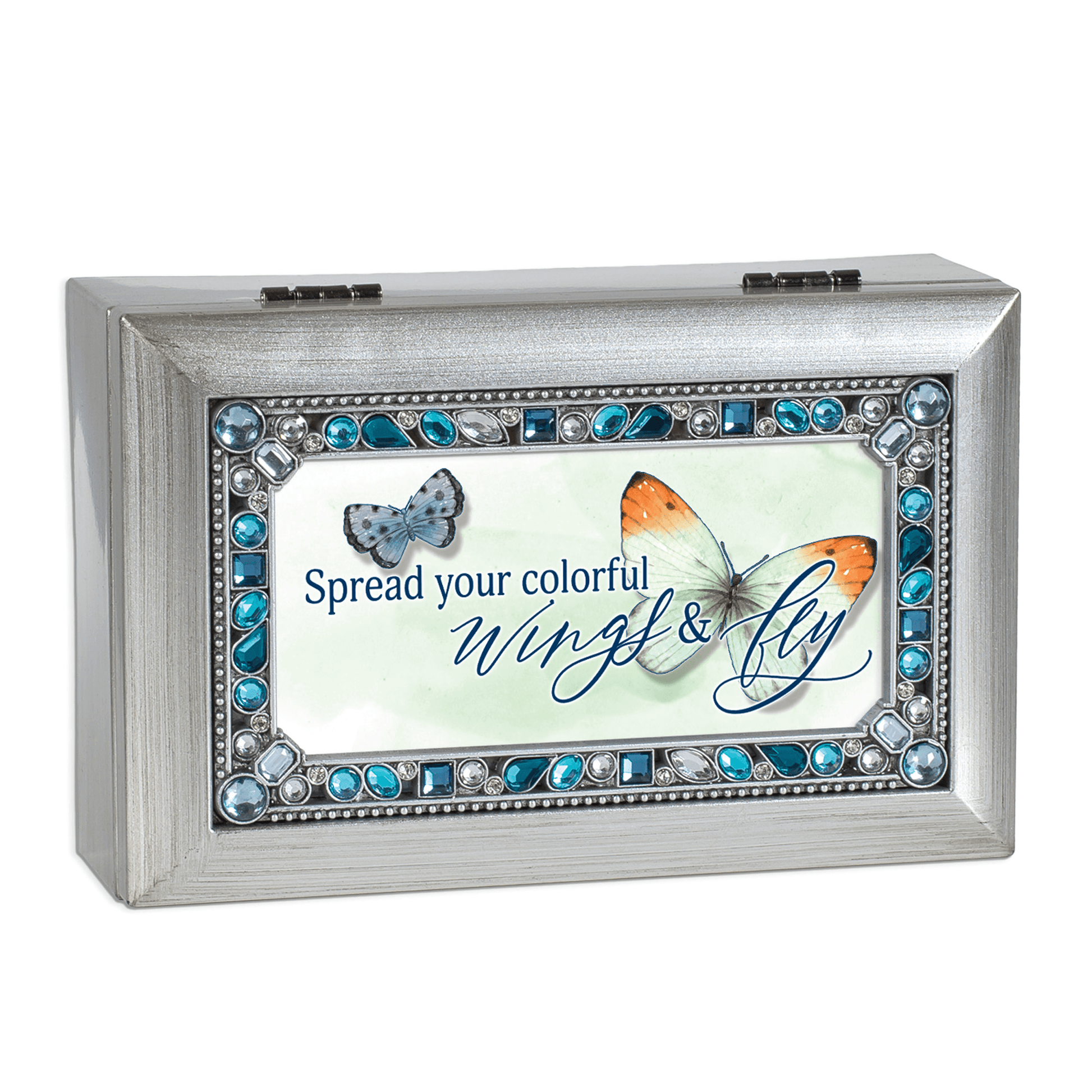 Petite Silver Tone Jeweled Musical Keepsake Box With Photo Frame Lid-4