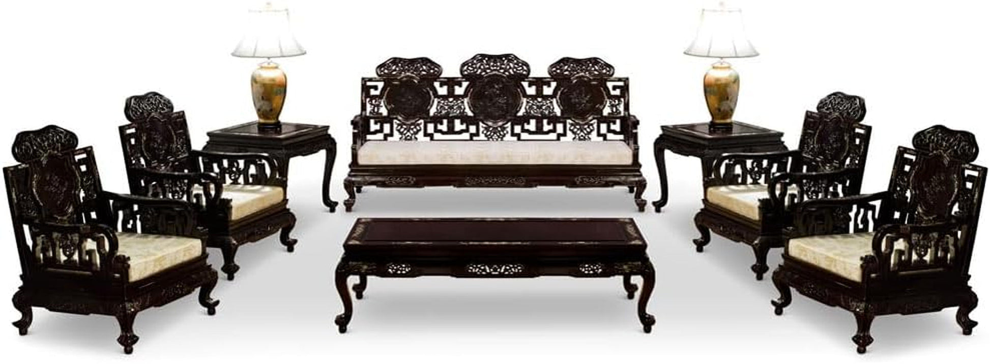 Dark Cherry Rosewood Mother of Pearl Motif Oriental Living Room Set (8Pcs) - with Free inside Delivery-0