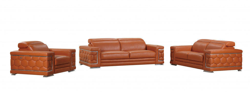 Three Piece Indoor Camel Italian Leather Six Person Seating Set-5