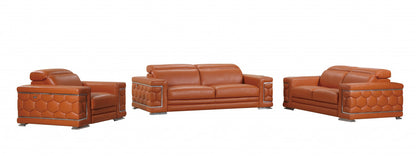 Three Piece Indoor Camel Italian Leather Six Person Seating Set-5