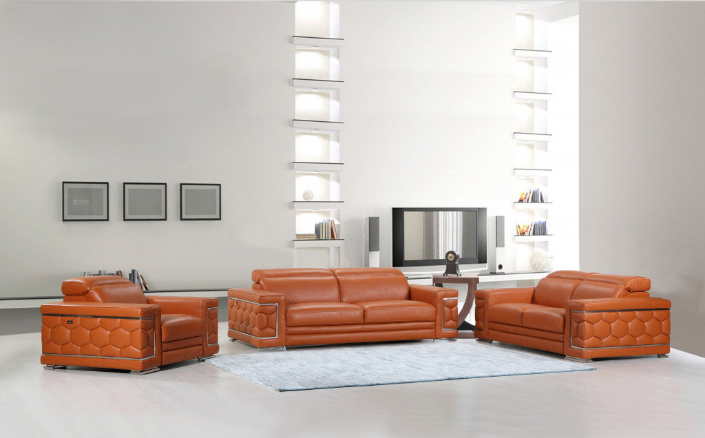 Three Piece Indoor Camel Italian Leather Six Person Seating Set-8