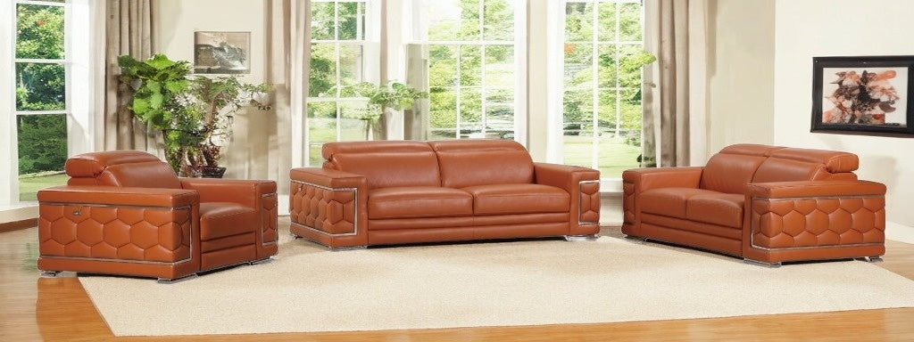 Three Piece Indoor Camel Italian Leather Six Person Seating Set-1
