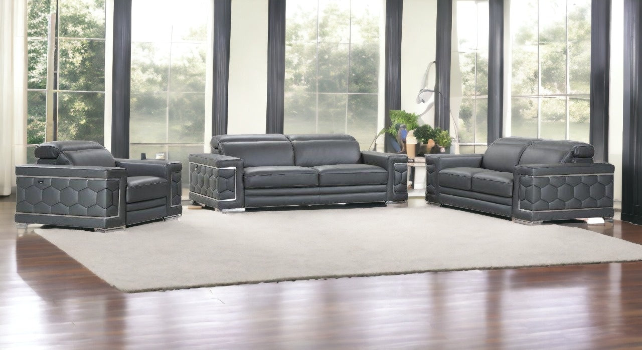 Three Piece Indoor Dark Gray Italian Leather Six Person Seating Set-1