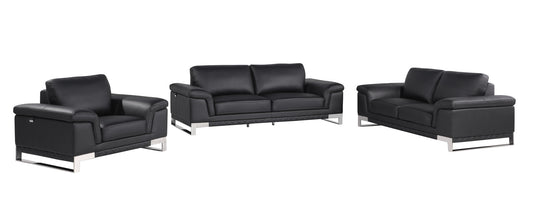 Three Piece Indoor Black Italian Leather Six Person Seating Set-0