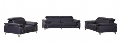 Three Piece Indoor Blue Italian Leather Six Person Seating Set-5