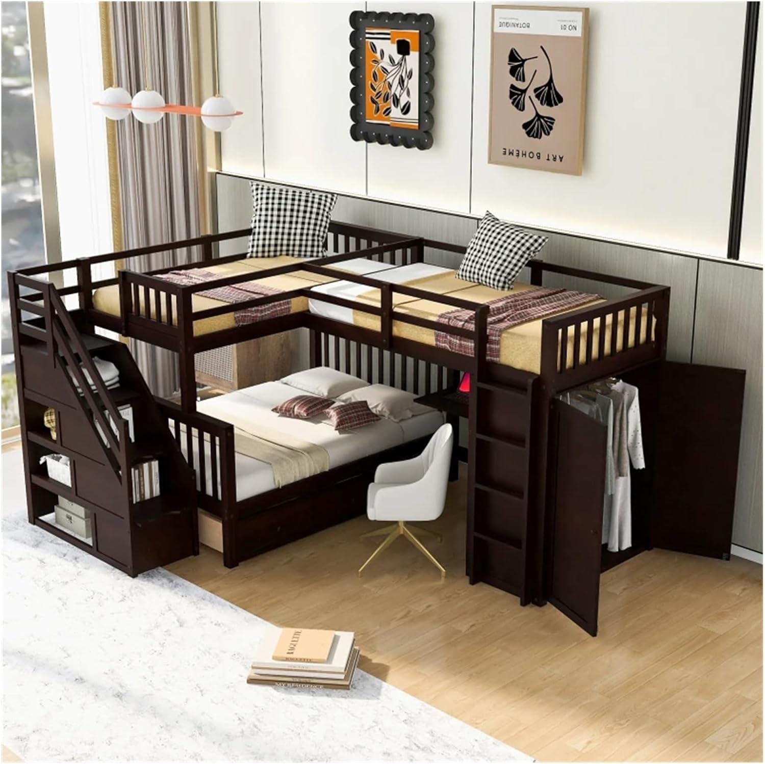 Twin-Twin over Full L-Shaped Bunk Bed with 3 Drawers,Portable Desk and Wardrobe,Practical Family Modern Style (Grey One Size)-2