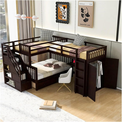 Twin-Twin over Full L-Shaped Bunk Bed with 3 Drawers,Portable Desk and Wardrobe,Practical Family Modern Style (Grey One Size)-2