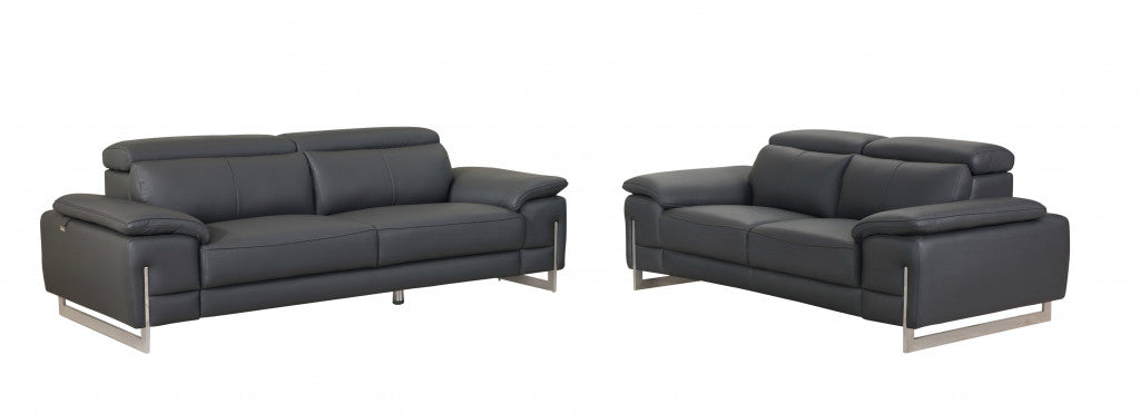 Two Piece Indoor Dark Gray Italian Leather Five Person Seating Set-4