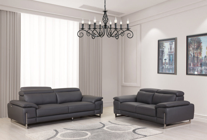 Two Piece Indoor Dark Gray Italian Leather Five Person Seating Set-8