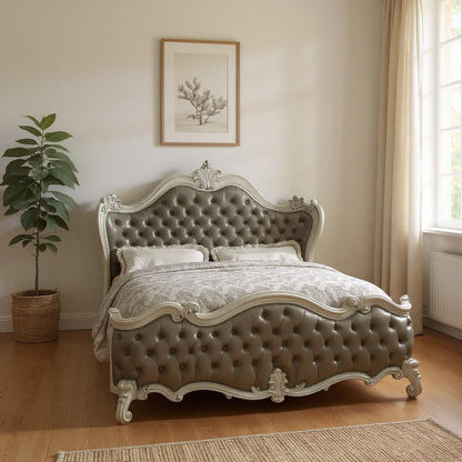 Gray and Bone Carved Scrollwork Solid Wood And Tufted Faux Leather Queen Bed Frame With Nailhead Trim-0