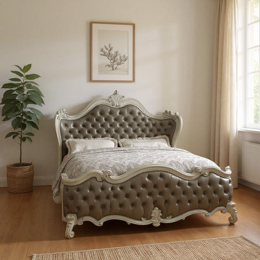 Gray and Bone Carved Scrollwork Solid Wood And Tufted Faux Leather Queen Bed Frame With Nailhead Trim-0